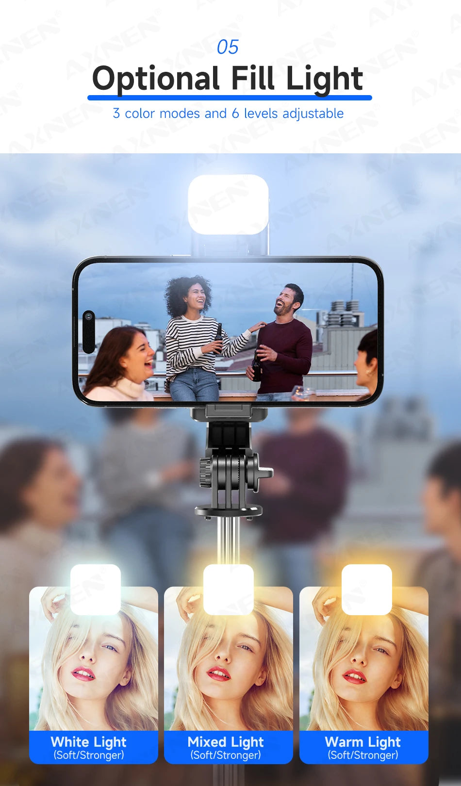 Selfie Stick Tripod with Detachable Bluetooth Remote, 360° Rotation,Extendable Pole, Fill Light Option, for iPhone Android Phone