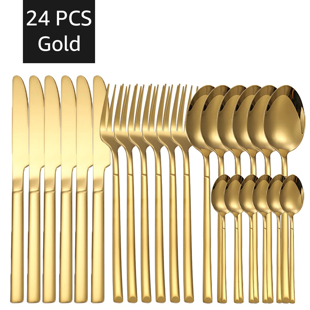 30PCS Gold Tableware Sets Stainless Steel Cutlery Knife Tea Fork Coffee Spoon Flatware Dishwasher Safe Dinner Kitchen Dinnerware