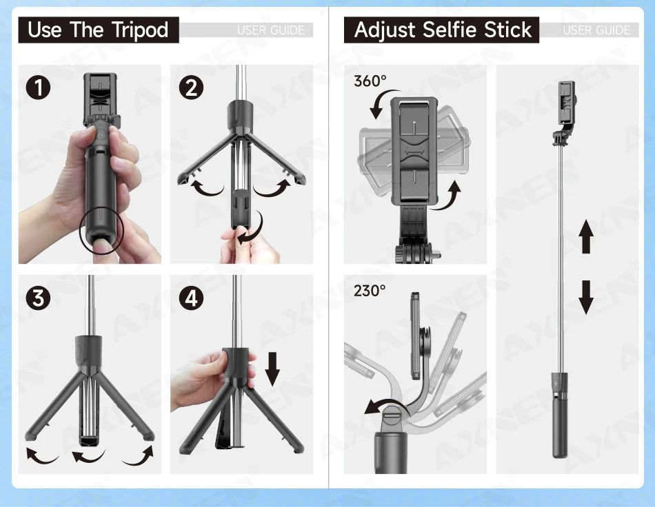 Selfie Stick Tripod with Detachable Bluetooth Remote, 360° Rotation,Extendable Pole, Fill Light Option, for iPhone Android Phone