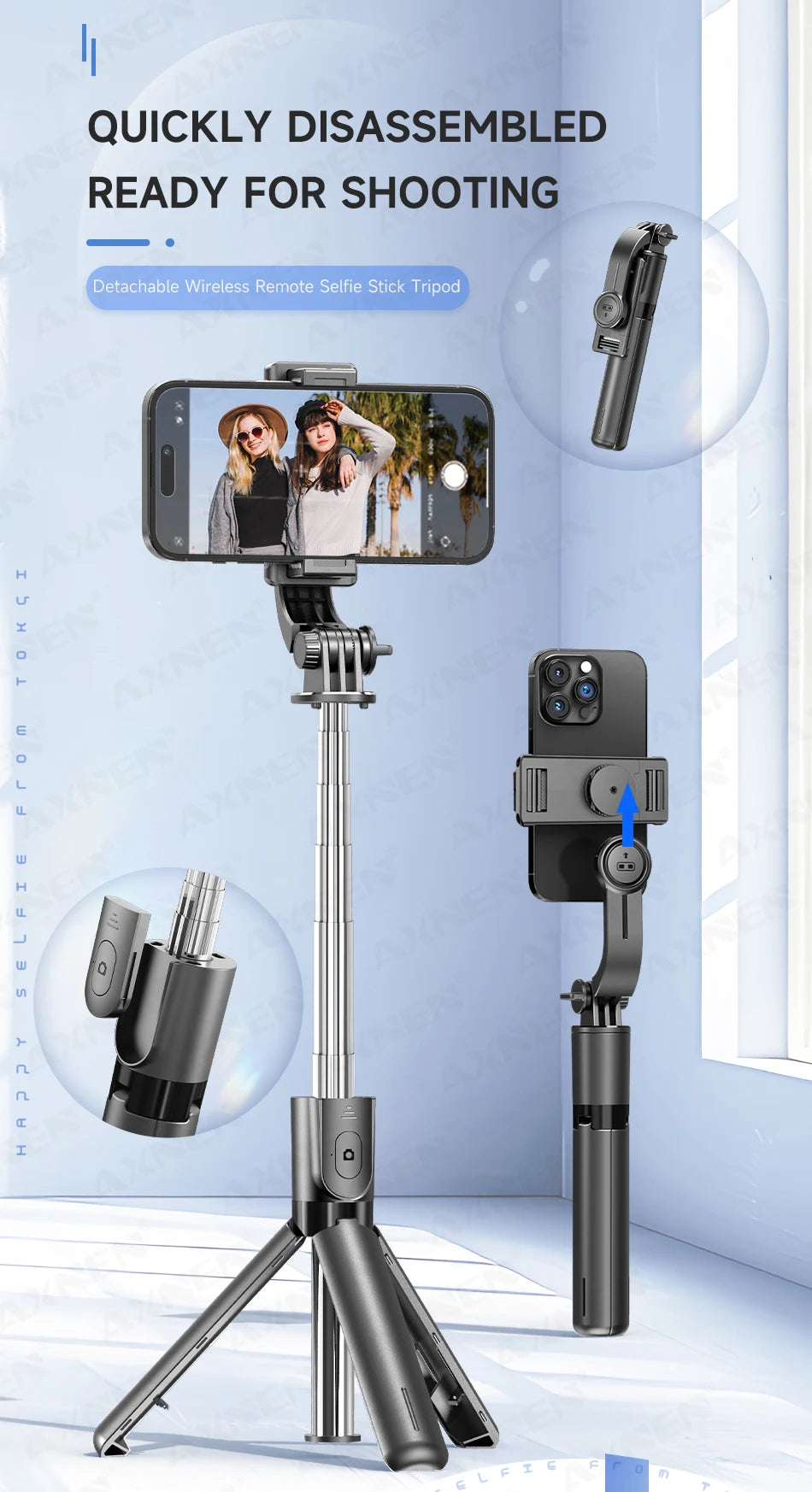 Selfie Stick Tripod with Detachable Bluetooth Remote, 360° Rotation,Extendable Pole, Fill Light Option, for iPhone Android Phone