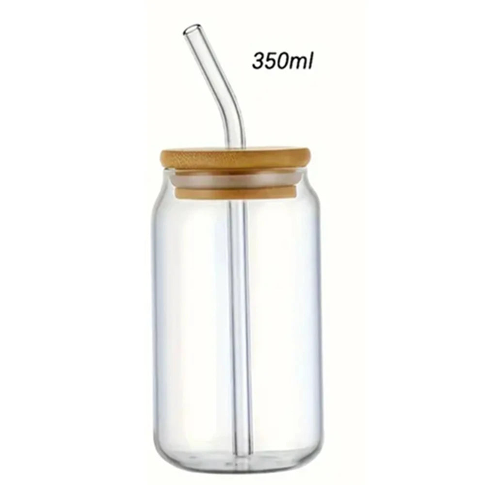 1pc Glass Cups with Bamboo Lids and Straw 350ml/550ml Mason Jars Coffee Mug Beer Can Shaped for Cocktail Whiskey Milk Juice Cola