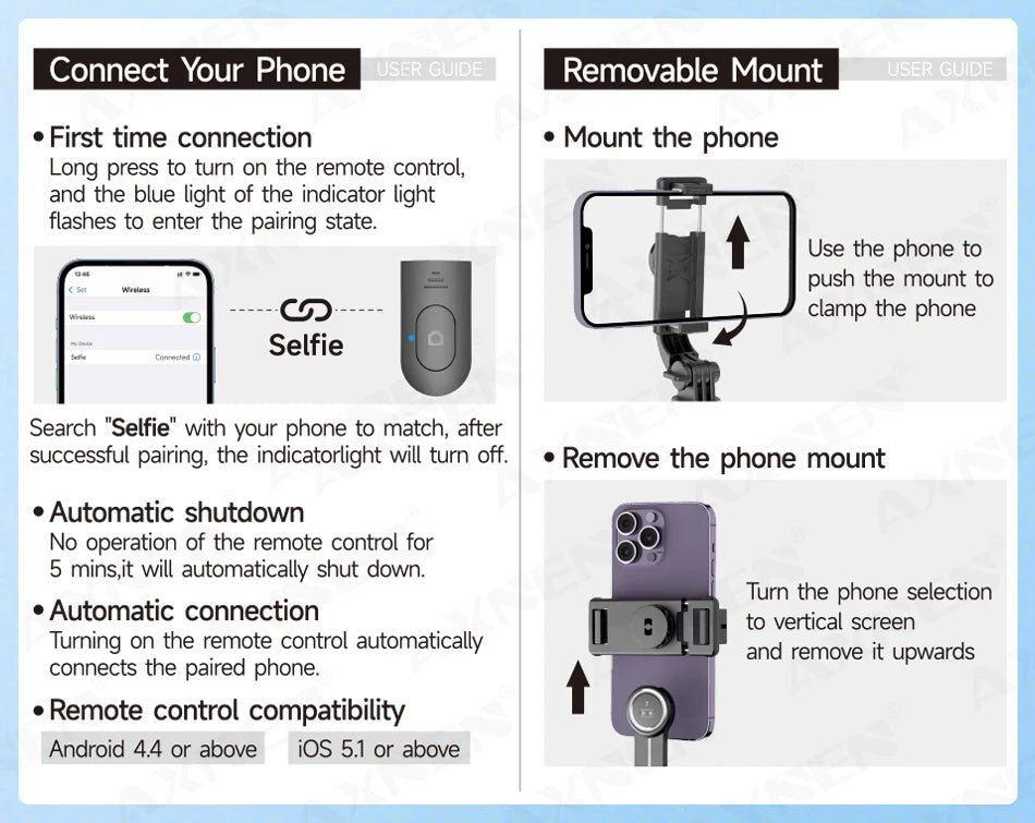 Selfie Stick Tripod with Detachable Bluetooth Remote, 360° Rotation,Extendable Pole, Fill Light Option, for iPhone Android Phone