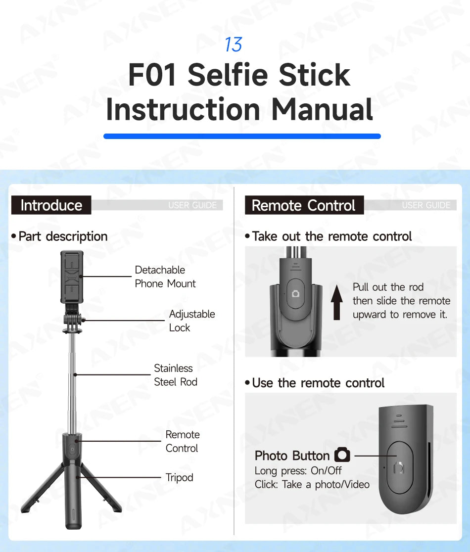 Selfie Stick Tripod with Detachable Bluetooth Remote, 360° Rotation,Extendable Pole, Fill Light Option, for iPhone Android Phone