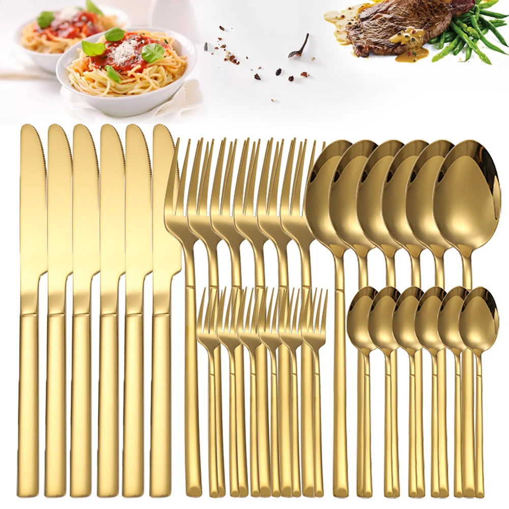 30PCS Gold Tableware Sets Stainless Steel Cutlery Knife Tea Fork Coffee Spoon Flatware Dishwasher Safe Dinner Kitchen Dinnerware