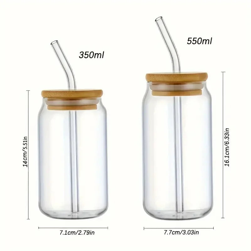 1pc Glass Cups with Bamboo Lids and Straw 350ml/550ml Mason Jars Coffee Mug Beer Can Shaped for Cocktail Whiskey Milk Juice Cola