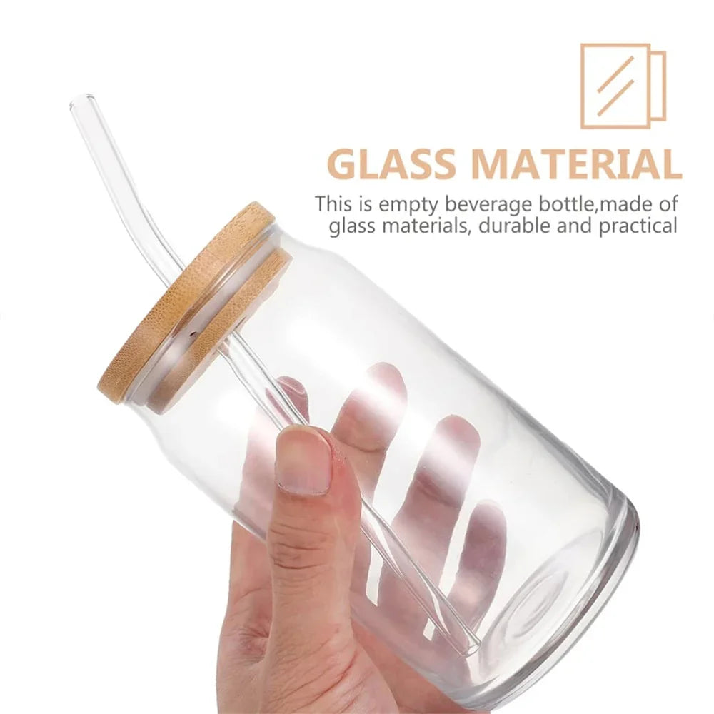 1pc Glass Cups with Bamboo Lids and Straw 350ml/550ml Mason Jars Coffee Mug Beer Can Shaped for Cocktail Whiskey Milk Juice Cola