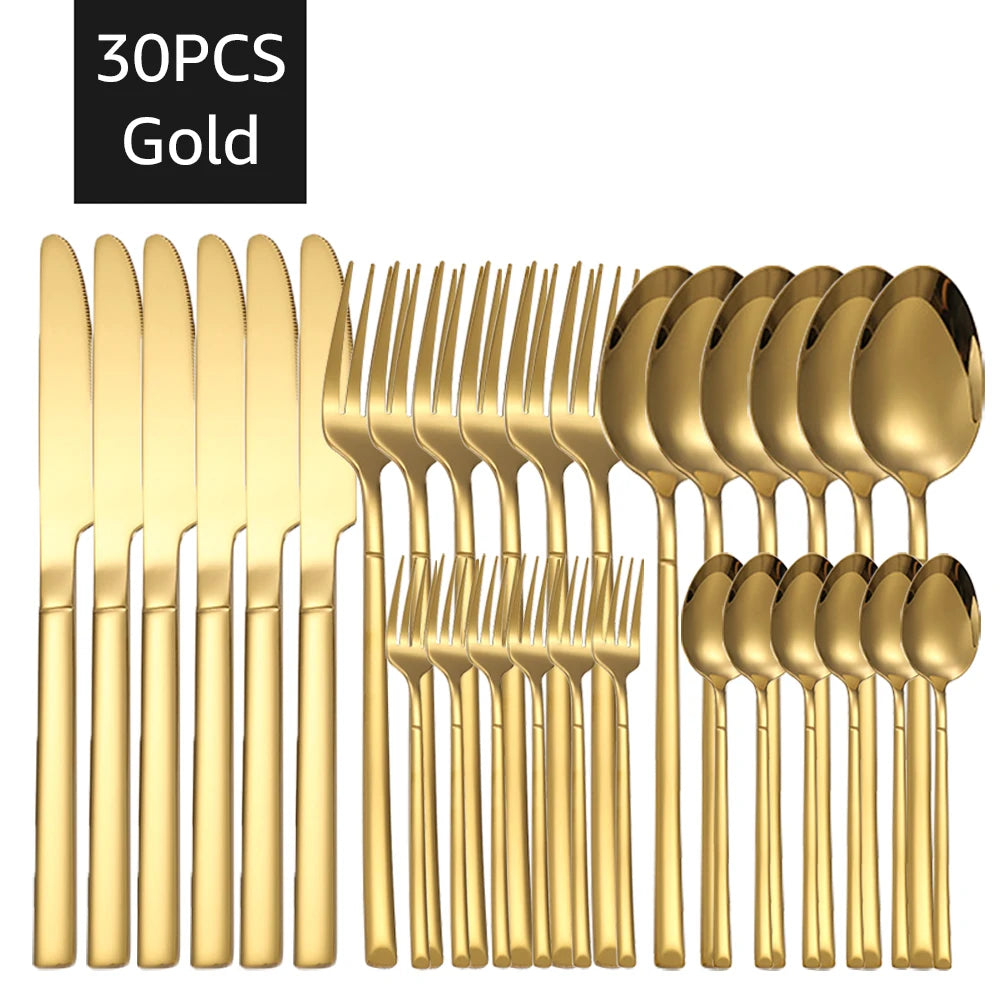 30PCS Gold Tableware Sets Stainless Steel Cutlery Knife Tea Fork Coffee Spoon Flatware Dishwasher Safe Dinner Kitchen Dinnerware