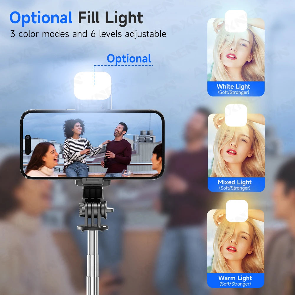 Selfie Stick Tripod with Detachable Bluetooth Remote, 360° Rotation,Extendable Pole, Fill Light Option, for iPhone Android Phone