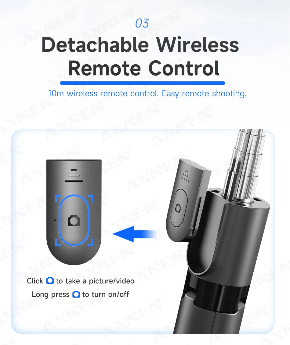 Selfie Stick Tripod with Detachable Bluetooth Remote, 360° Rotation,Extendable Pole, Fill Light Option, for iPhone Android Phone